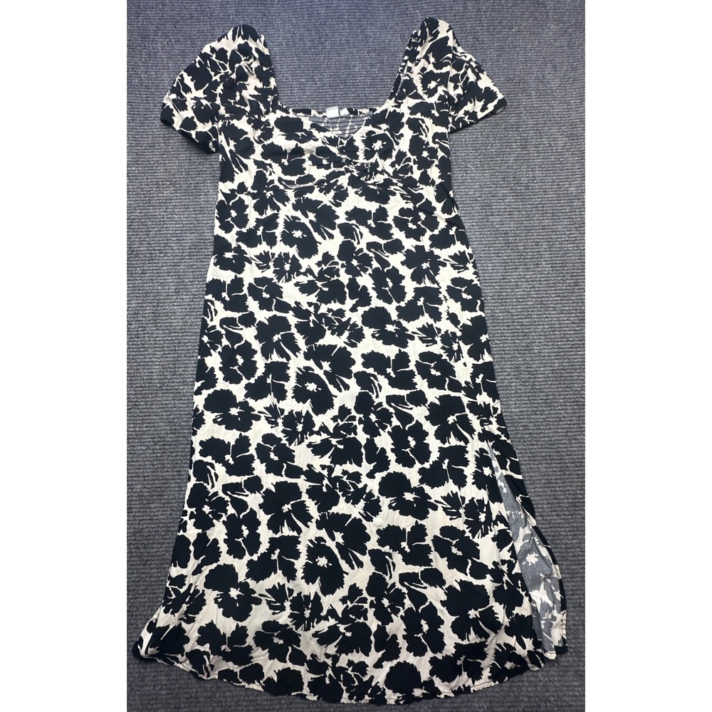 GAP Midi Dress Women XL Black White Floral Puff Sleeve Smocked Square Neck